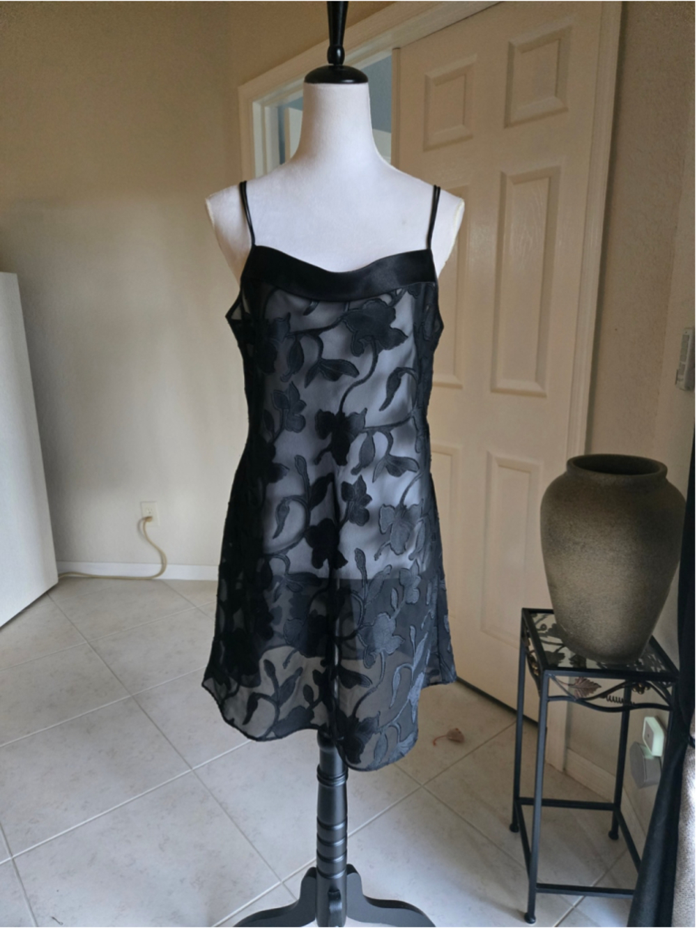 Vintage 90s Black Floral Burnout Devore Sheer Slip Dress Chemise